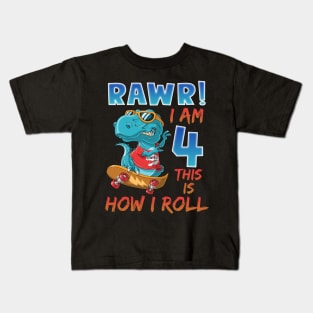 Rawr i am seven this is how i roll tee T-rex birthday tee Custom Birthday Kids Tee Dinosaur Birthday Gift Kids T-Shirt